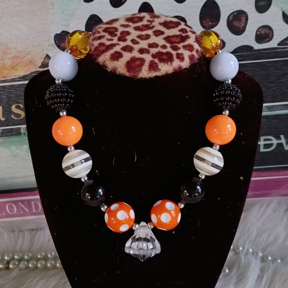 Halloween Orange Black White Striped Polkadot Bubblegum Gumball Beaded Necklace
